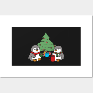 Christmas Penguins Enjoying Hot Cocoa with Christmas Tree v3 Posters and Art